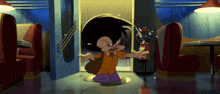 a cartoon character is in a diner with a gumball machine