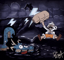 a cartoon drawing of a man and a monster with the letters biga on the bottom right