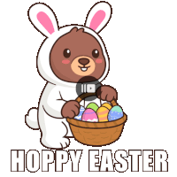 a cartoon of a bear dressed as an easter bunny holding a basket of easter eggs