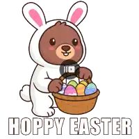 a cartoon of a bear dressed as an easter bunny holding a basket of easter eggs