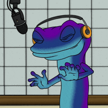 a blue and purple lizard wearing headphones is standing in front of a microphone