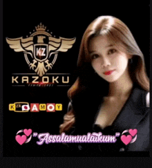 a woman stands in front of a logo for kazoku