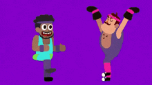 a cartoon of two men standing next to each other with their arms in the air