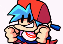 a cartoon of a boy with blue hair and a red hat