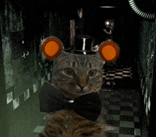 a cat wearing a top hat and bow tie in a dark hallway