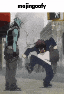 a cartoon of a man kicking another man with the words majingoofy below him