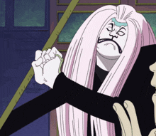 a cartoon drawing of a woman with long pink hair holding a stick
