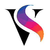 a black letter v with a colorful swirl around it on a white background