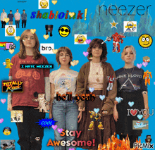 a group of girls are standing in front of a blue background that says " stay awesome " on it