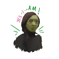 a sticker of a woman with green hair and glasses that says yes i am