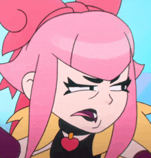a close up of a cartoon character with pink hair making a face