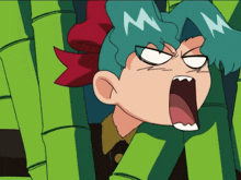 a cartoon character with blue hair and a red bow making a face