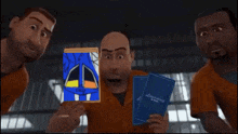a man is holding a card with a cartoon of a police officer walking .