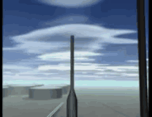 a computer generated image of a cloudy sky with a building in the foreground