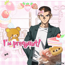a picture of a man with the words i 'm pregnant in pink letters