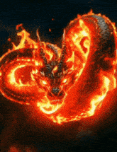 a dragon with horns is surrounded by flames and looks like it 's on fire
