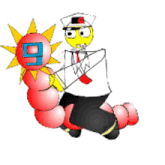 a cartoon drawing of a man holding a red worm with the letter d on it