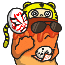a cartoon drawing of a tiger wearing sunglasses and holding a mask with chinese writing on it