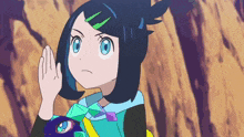 a cartoon girl with blue hair and a purple eye