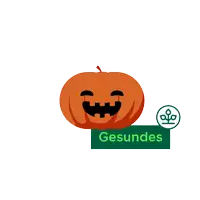 a smiling pumpkin with a sign that says gesundes on it