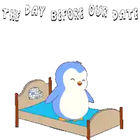 a penguin is jumping over a bed with the words " the day before our date " above it