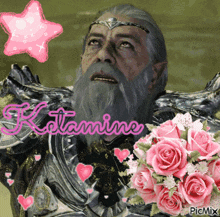 a man with a beard is surrounded by pink roses and a pink star with the name ketamine written on it