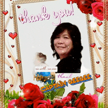 a thank you card for captain geegee with a woman and a cat