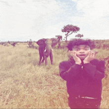 a man stands in front of an elephant in a field