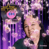 a woman is surrounded by pink bubbles and a record that says ' agency ' on it