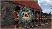 a group of soldiers standing in front of a building with a crest that says scottish