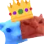 a blue cat and a red cat are sitting next to each other with a crown on their heads .