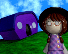 a cartoon girl wearing glasses and a hat stands in front of a purple house