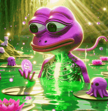a purple frog with a green skeleton is floating in the water