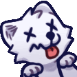 a cartoon drawing of a dead white cat with its tongue out .