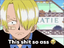 a cartoon character says this shit so ass in front of a building