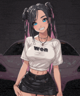 a girl wearing a wen t-shirt stands in front of a purple car