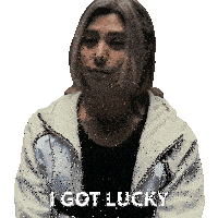 a man in a white jacket says " i got lucky " on a white background