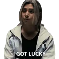 a man in a white jacket says " i got lucky " on a white background