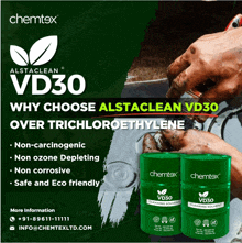 an advertisement for chemtex vd30 cleaning solvent