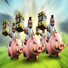 a group of babies riding pigs with hammers on their shoulders
