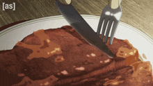 a person is cutting a piece of meat with a knife and fork and the word [ as ] is on the bottom right