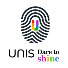 a logo for unis dare to shine with a rainbow fingerprint