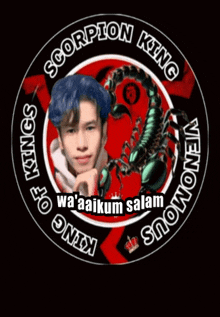 a logo for scorpion king venomous shows a man with blue hair