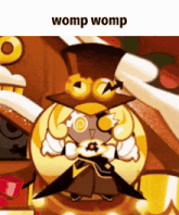 a cartoon character wearing a top hat and goggles is holding a piece of cake .