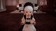 a girl in a maid costume is standing in a room