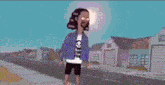 a cartoon character with a skull on his shirt is standing in front of a purple house .
