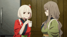 two anime girls are standing next to each other and one is holding a cup in her hand