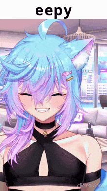a girl with blue hair and purple hair is smiling and has the word eepy above her head