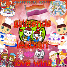 a happy pride month greeting with cartoon characters