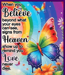 a colorful butterfly with a quote that says when you believe